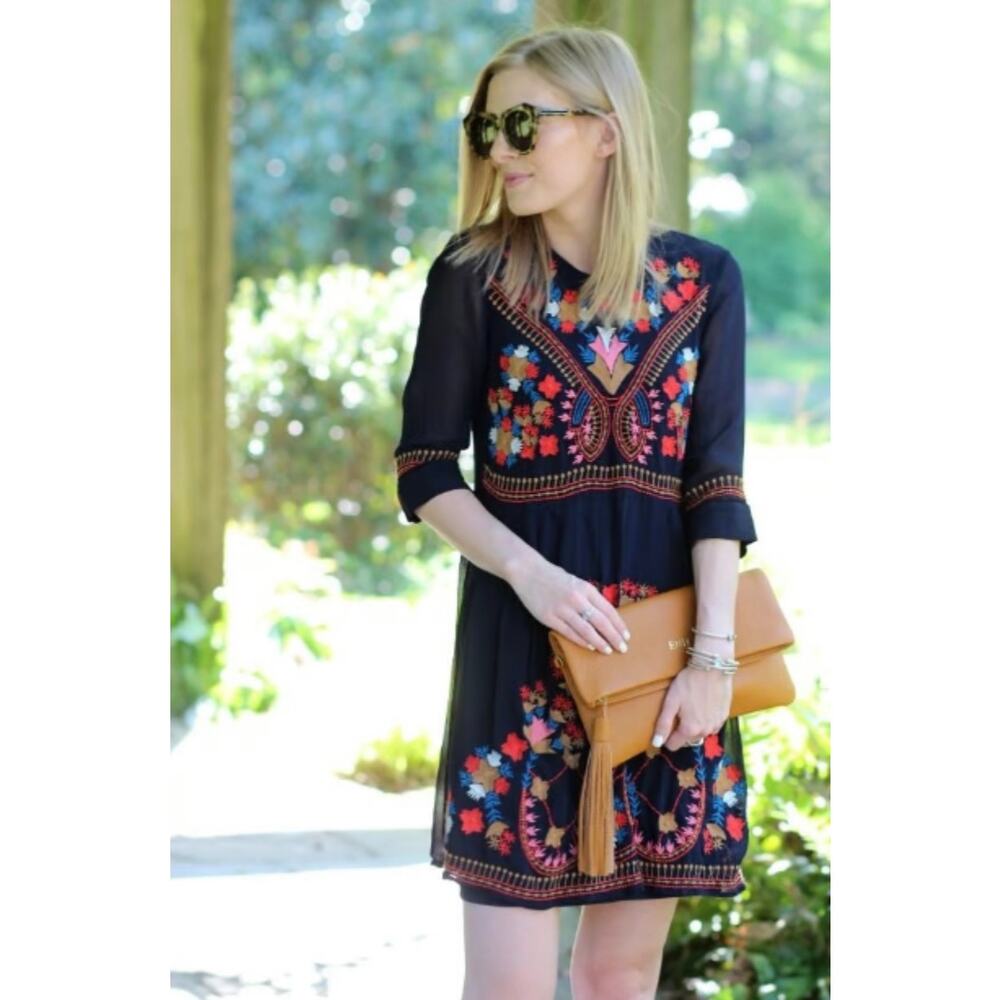 French Connection Womens 10 Navy Blue Floral Embroidered Boho Mini Dress
